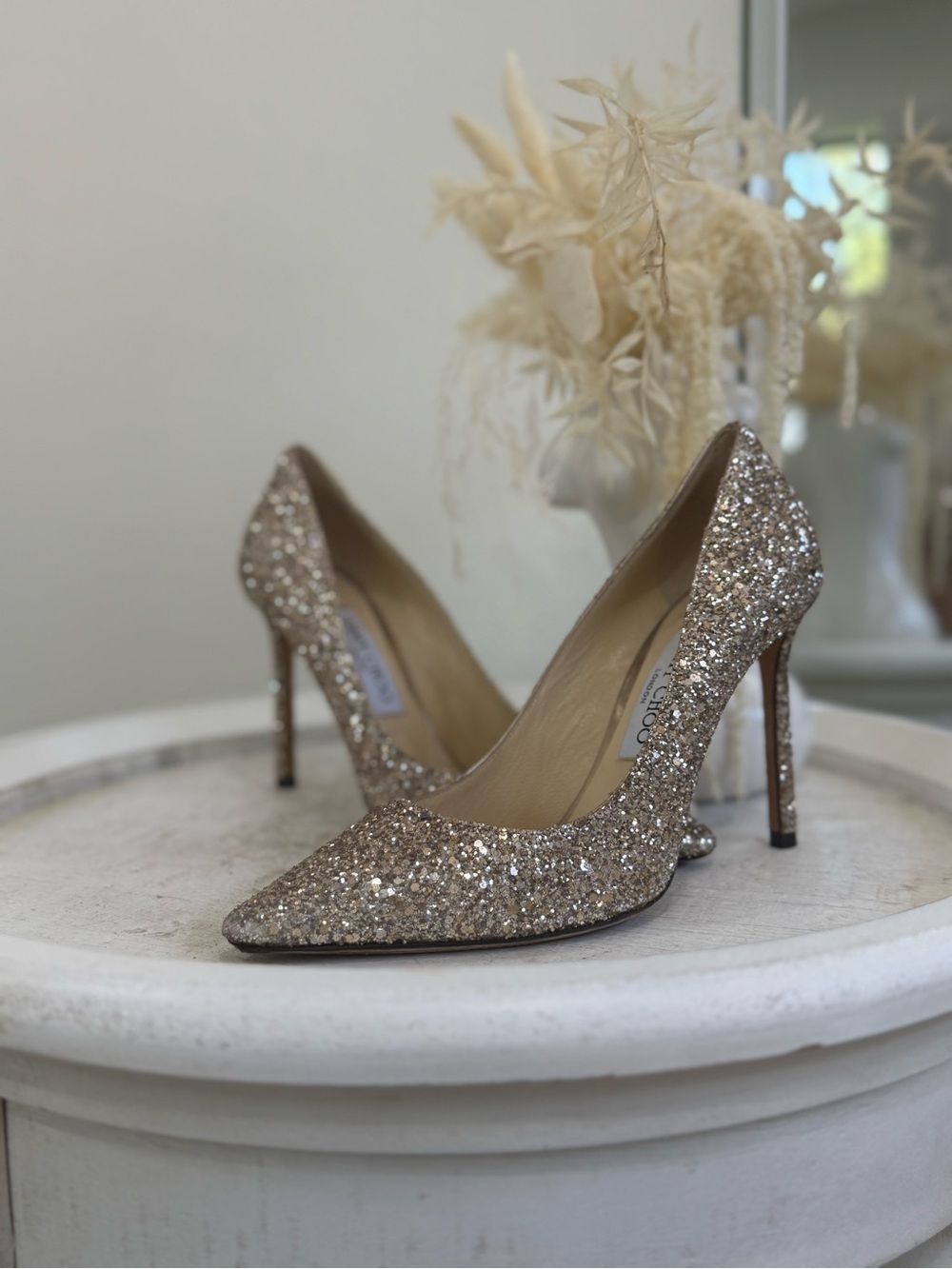 Jimmy Choo Romy Gold Glitter Pointed-Toe Stiletto Pumps